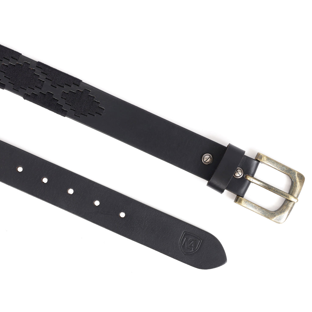 Classic Black Genuine Leather Polo Belt with Vintage Brass Buckle