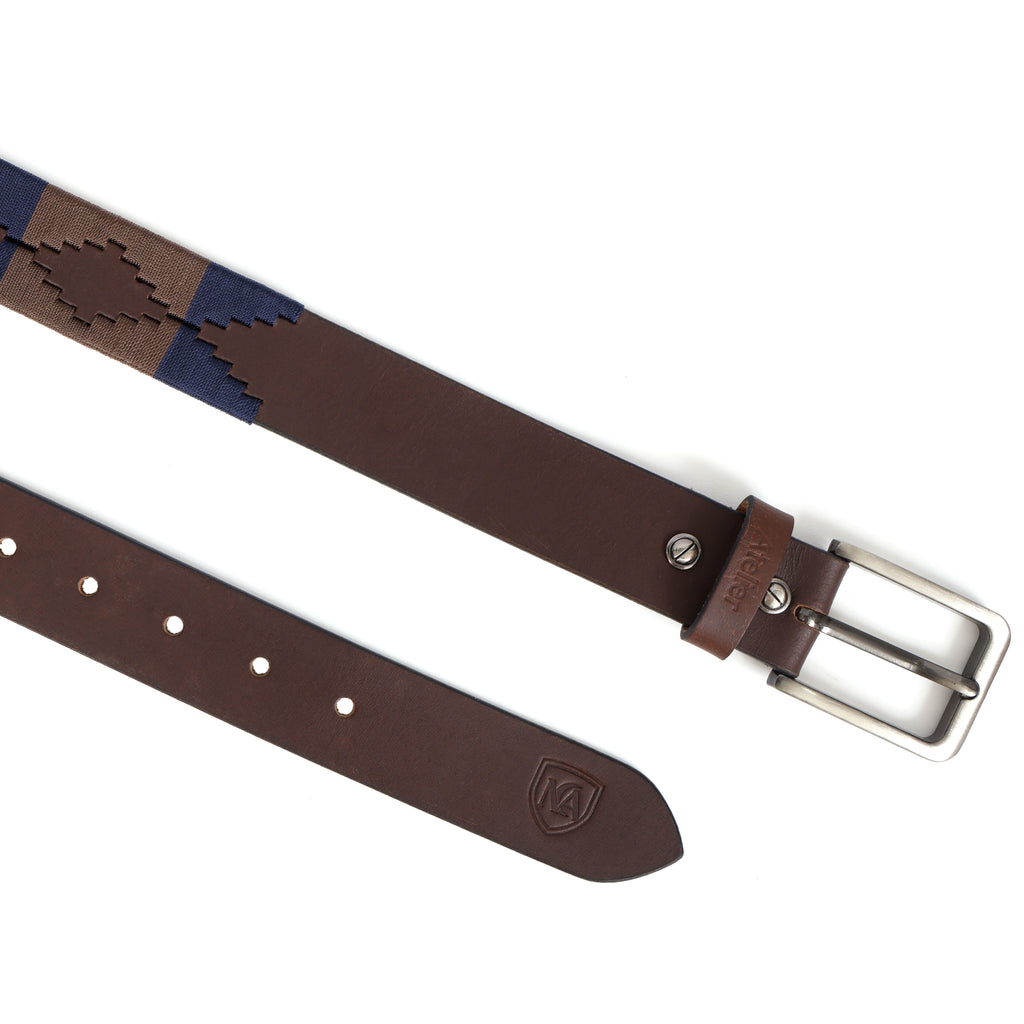 Leather Polo Belt with Woven Pattern – Brown & Navy Classic