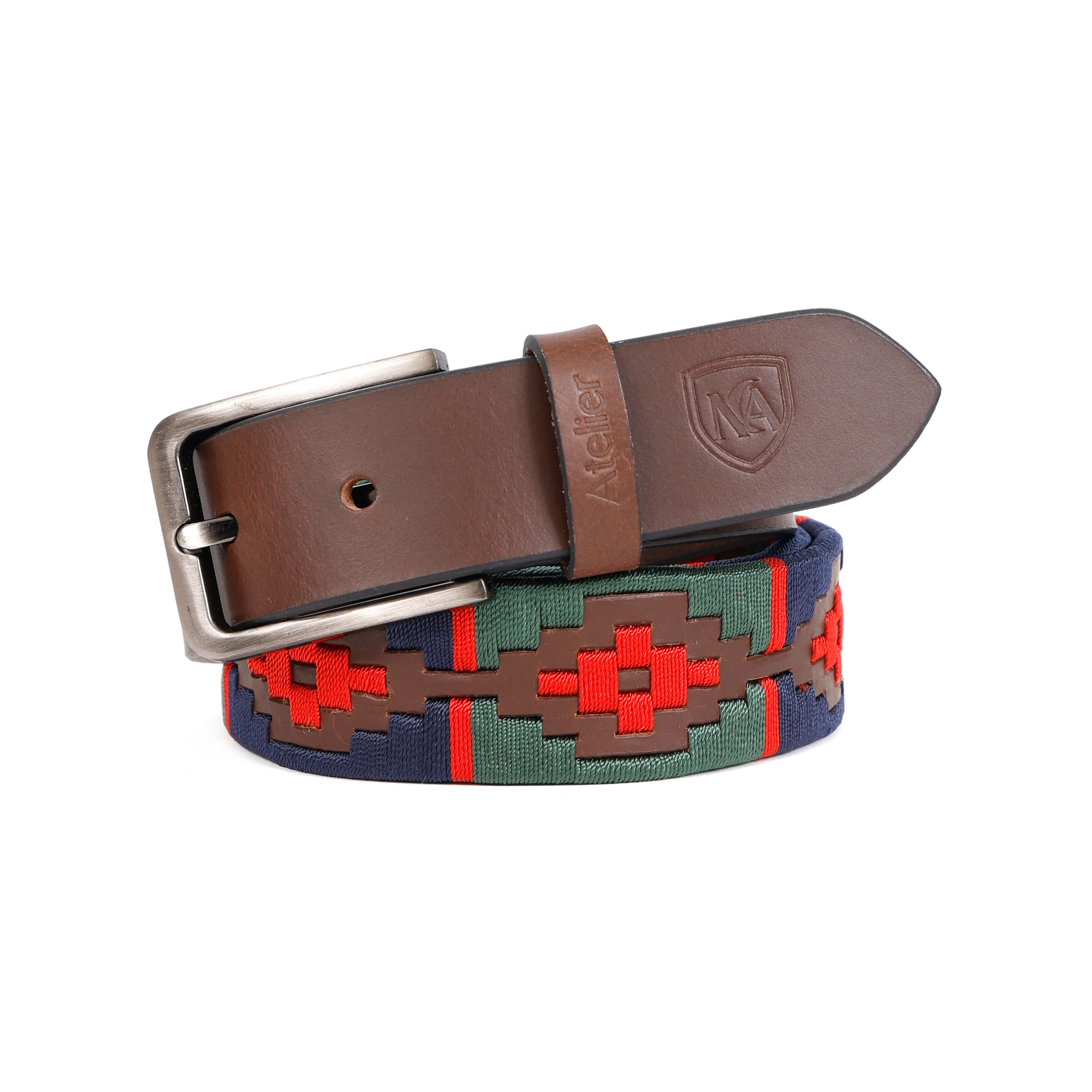 Handcrafted Genuine Leather Polo Belt with Woven Tribal Pattern