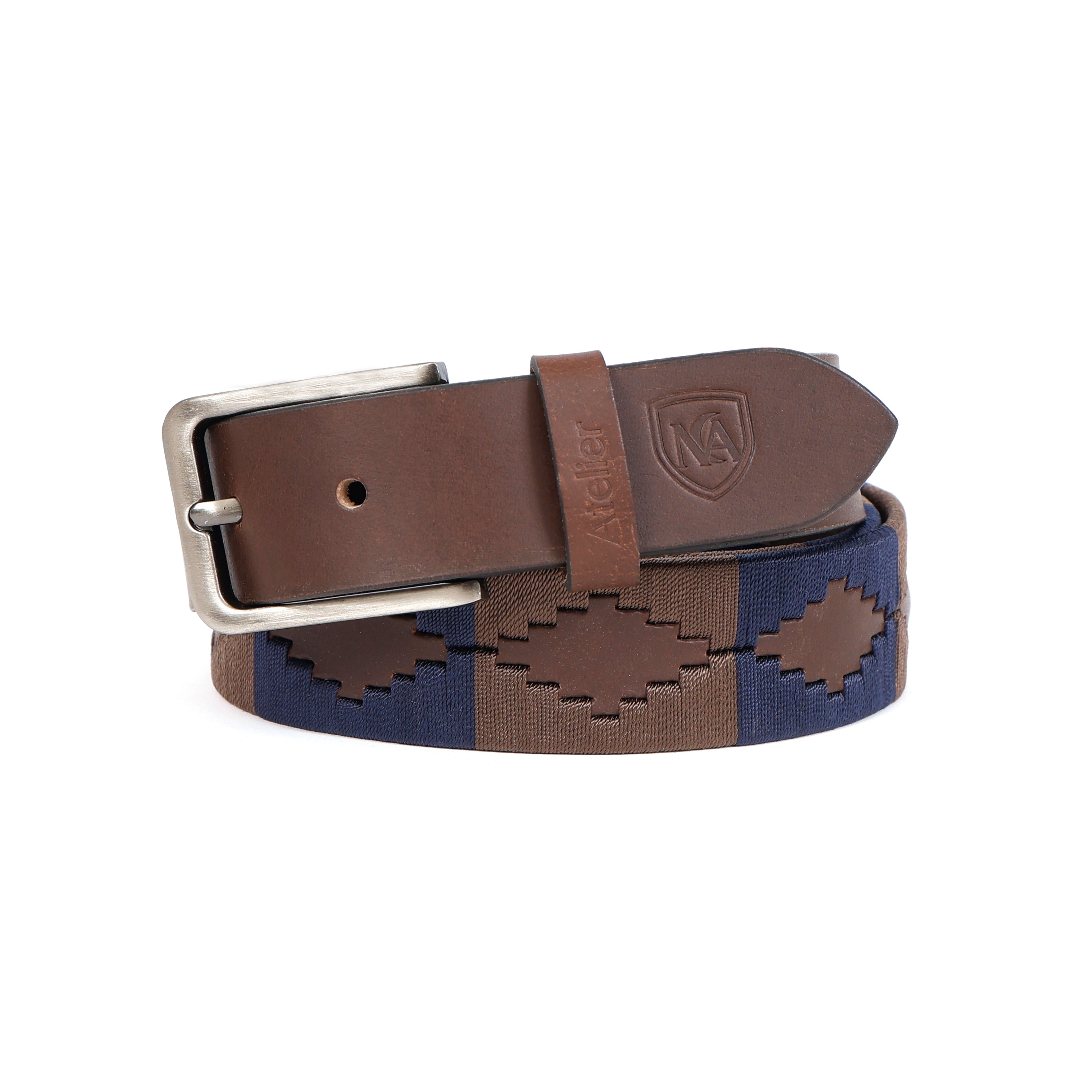 Leather Polo Belt with Woven Pattern – Brown & Navy Classic