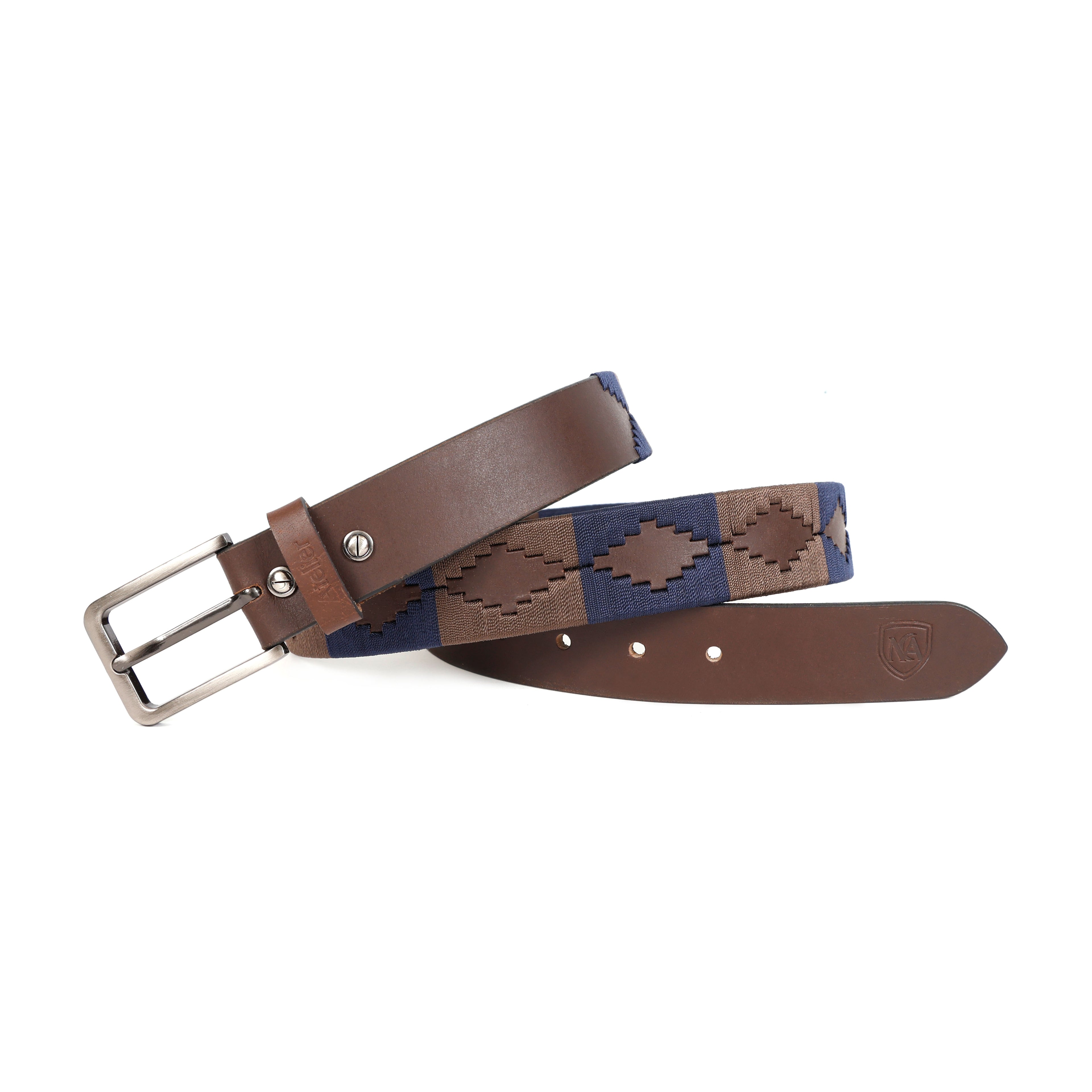 Leather Polo Belt with Woven Pattern – Brown & Navy Classic