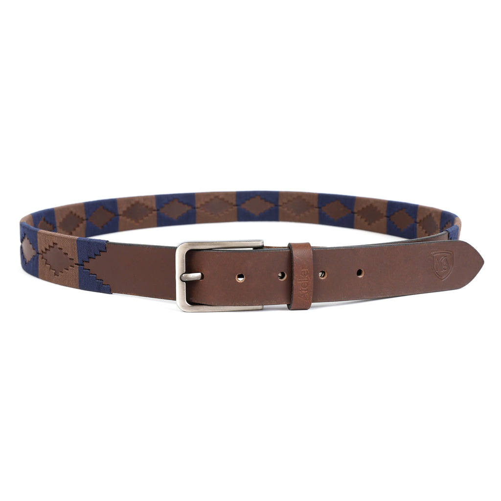 Leather Polo Belt with Woven Pattern – Brown & Navy Classic