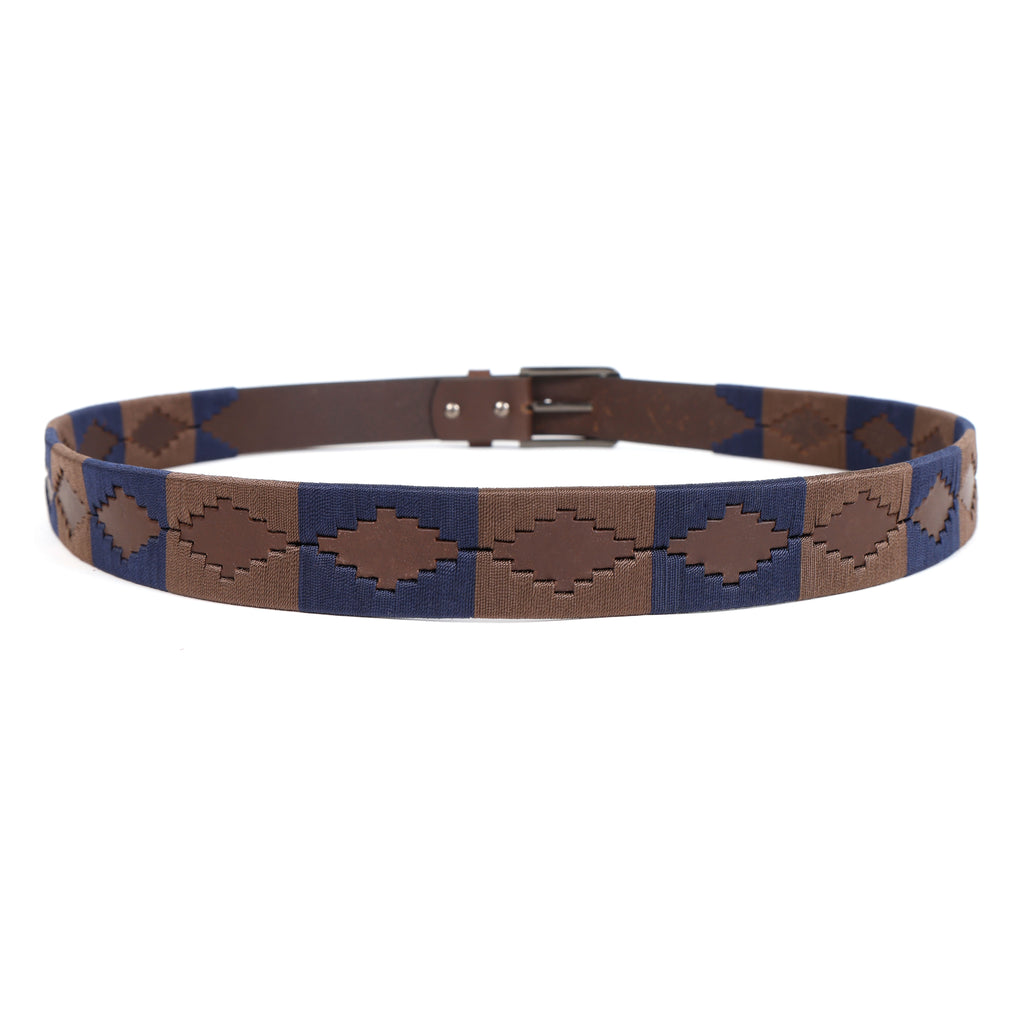 Leather Polo Belt with Woven Pattern – Brown & Navy Classic