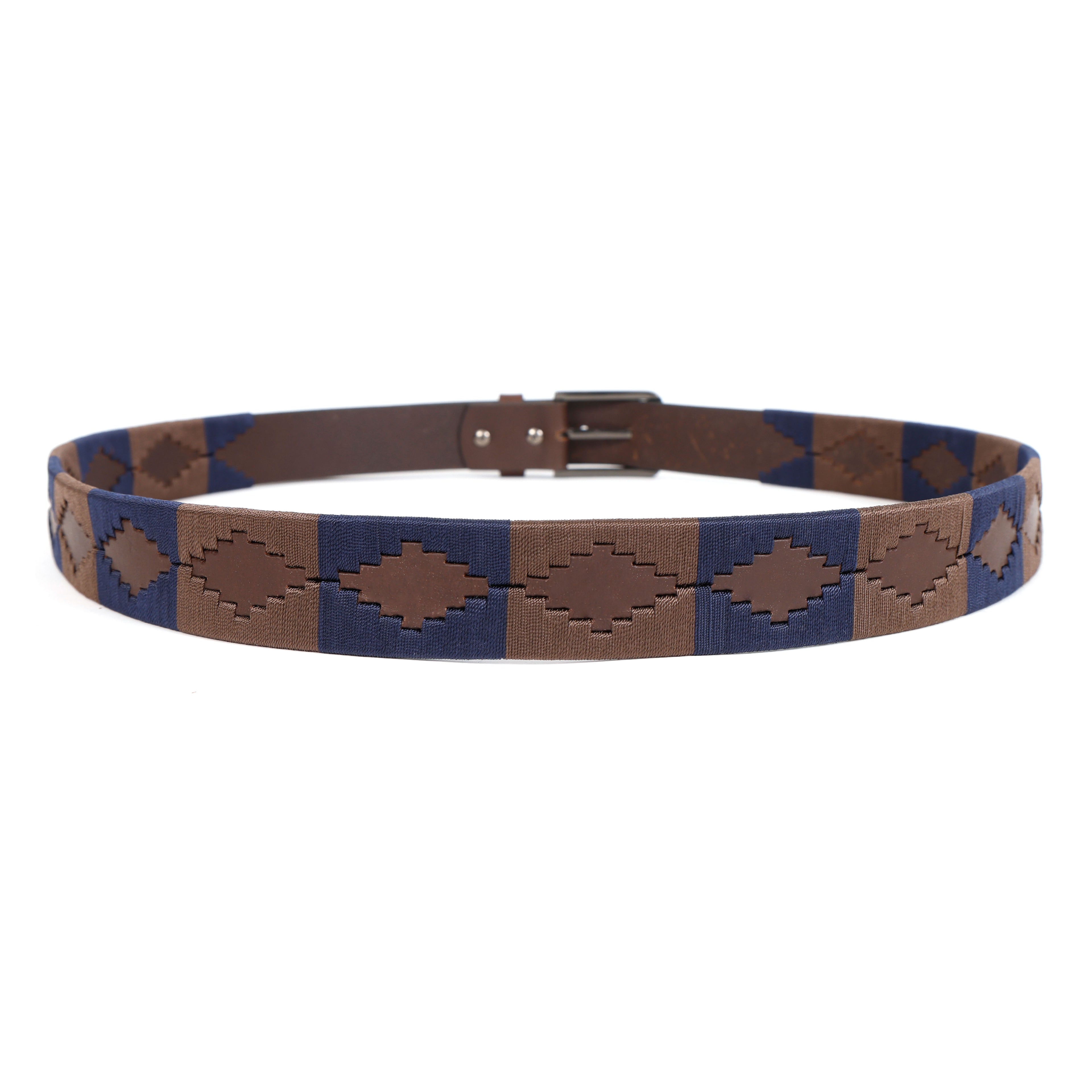 Leather Polo Belt with Woven Pattern – Brown & Navy Classic