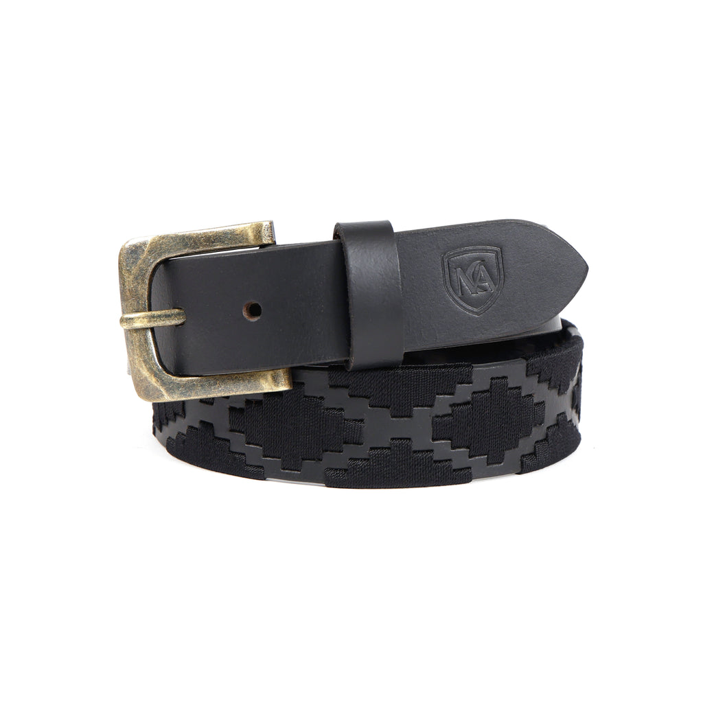 Classic Black Genuine Leather Polo Belt with Vintage Brass Buckle