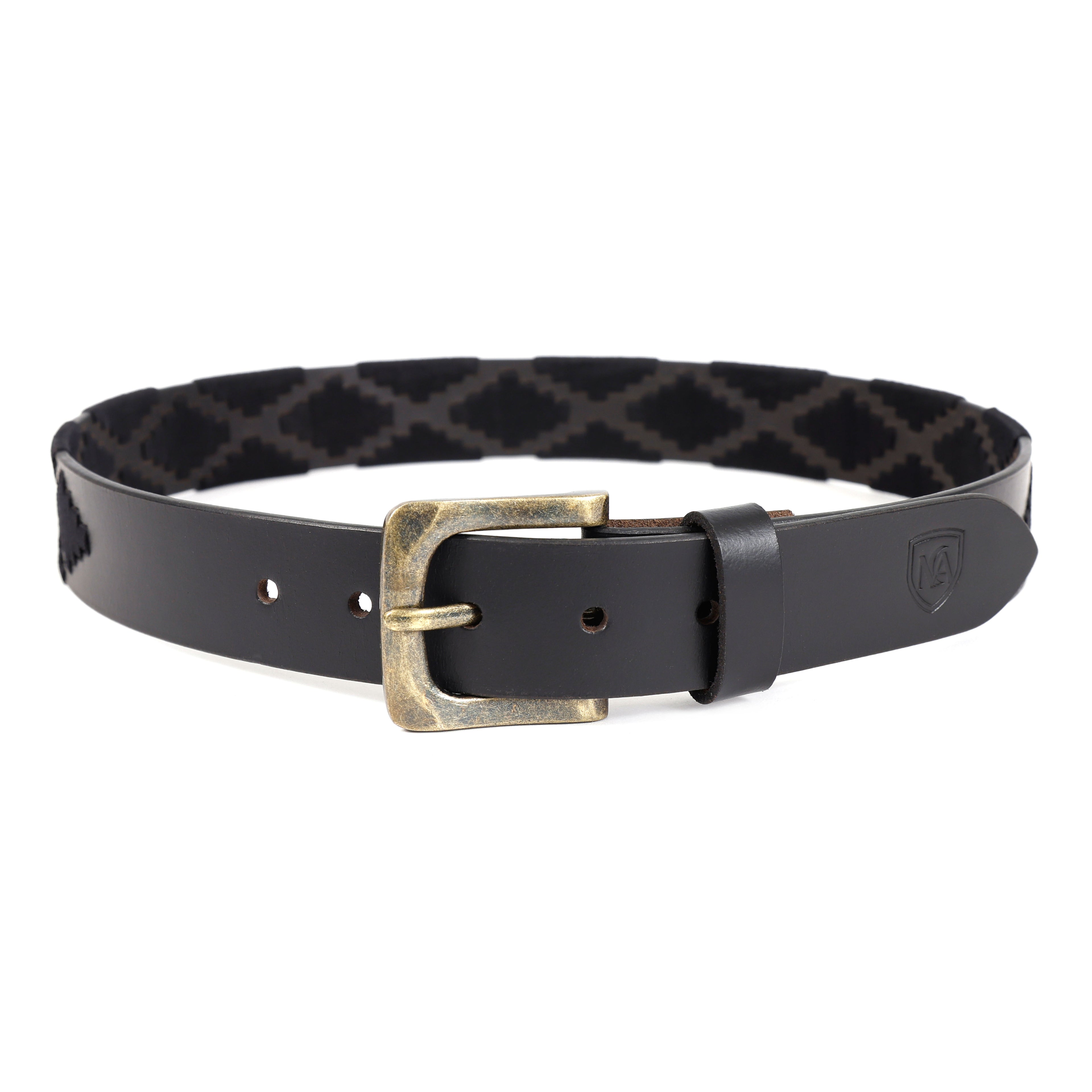 Classic Black Genuine Leather Polo Belt with Vintage Brass Buckle
