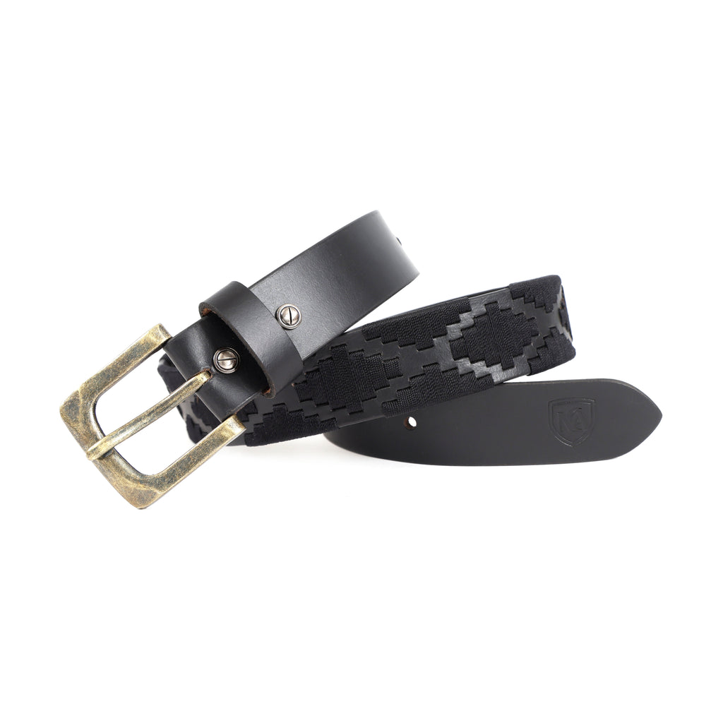 Classic Black Genuine Leather Polo Belt with Vintage Brass Buckle