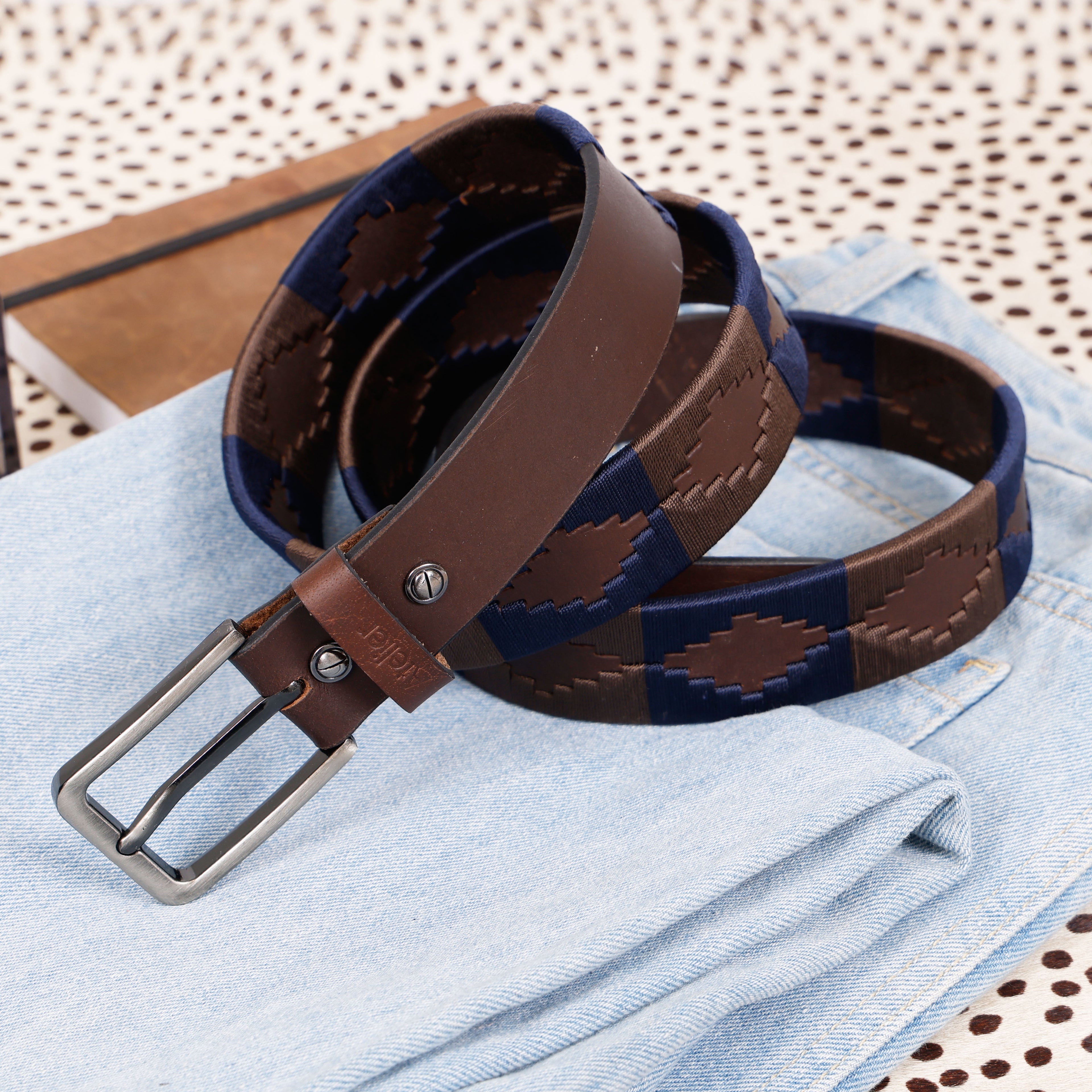 Leather Polo Belt with Woven Pattern – Brown & Navy Classic
