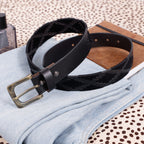 Classic Black Genuine Leather Polo Belt with Vintage Brass Buckle