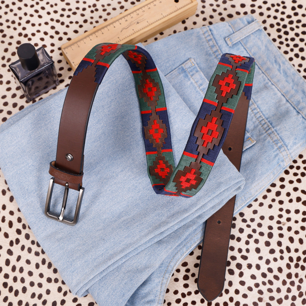 Handcrafted Genuine Leather Polo Belt with Woven Tribal Pattern