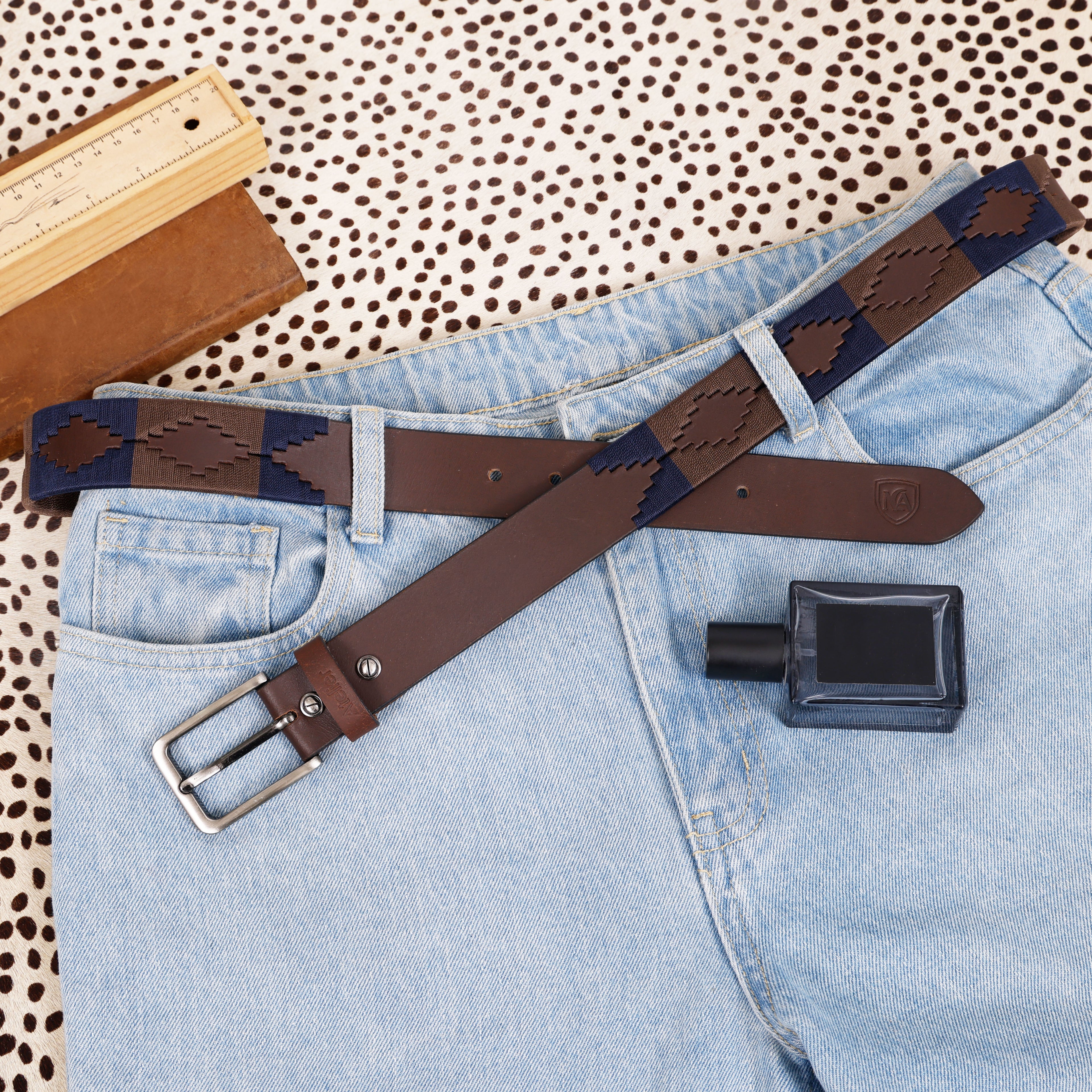 Leather Polo Belt with Woven Pattern – Brown & Navy Classic