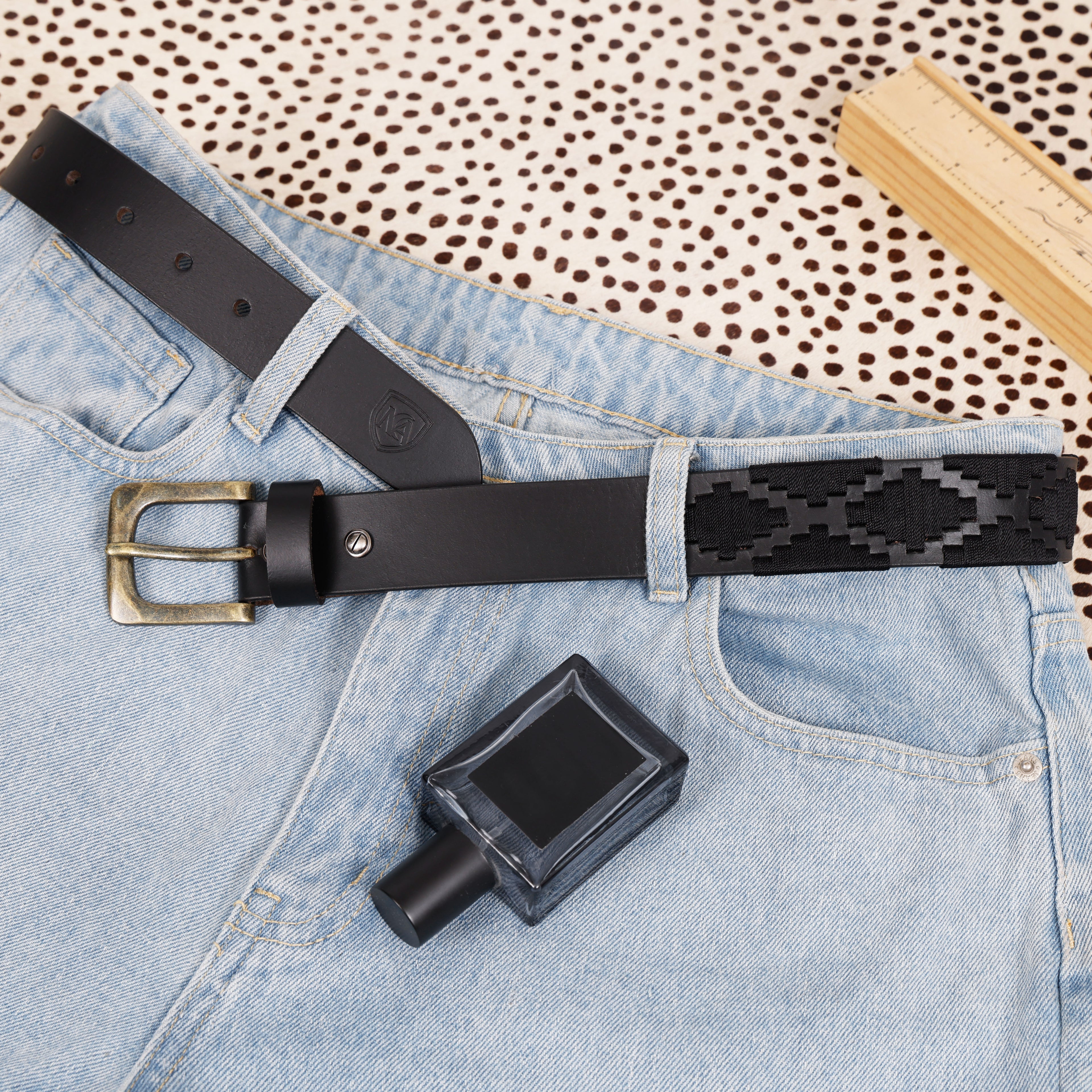 Classic Black Genuine Leather Polo Belt with Vintage Brass Buckle