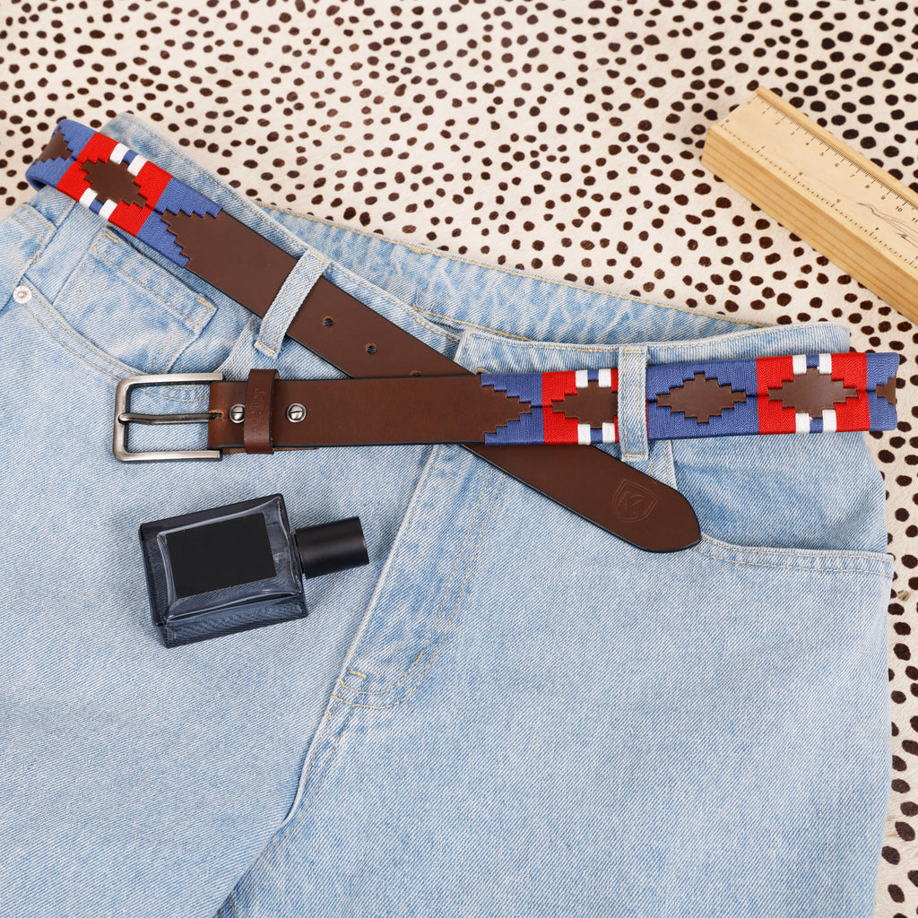 Premium Leather Polo Belt colorful textile embroidery.