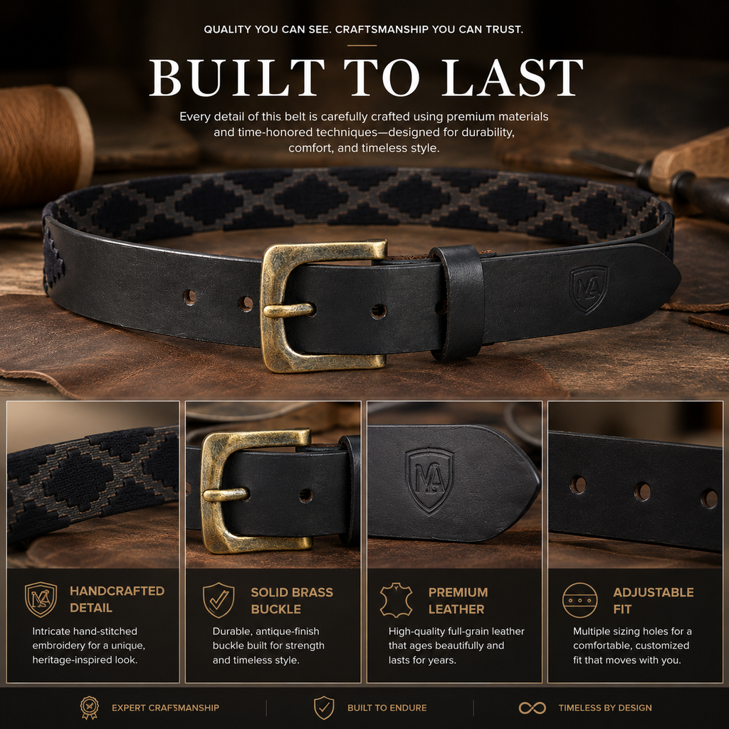 Polo Black Leather Belt with Black Stitching & Brushed Antique Buckle