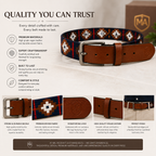 Brown Polo Leather Belt with Dark Blue, Red & Off-White Woven Stitching