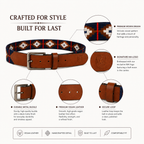 Brown Polo Leather Belt with Dark Blue, Red & Off-White Woven Stitching
