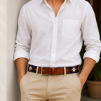 Brown Polo Leather Belt with Dark Blue, Red & Off-White Woven Stitching