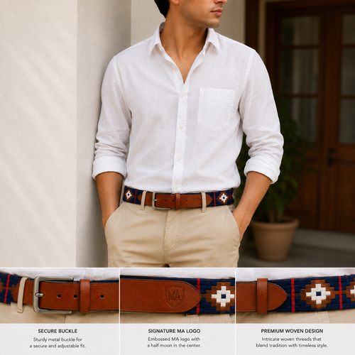 Brown Polo Leather Belt with Dark Blue, Red & Off-White Woven Stitching