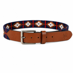 Brown Polo Leather Belt with Dark Blue, Red & Off-White Woven Stitching